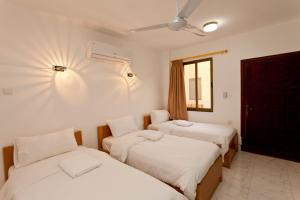 a room with three beds and a window at Arab Divers Dive Center and Bed & Breakfast in Aqaba +37 photos