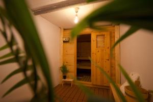 Zimmer mit Holztür und Pflanze in der Unterkunft Serpolet - Studio - Sauna in Leysin