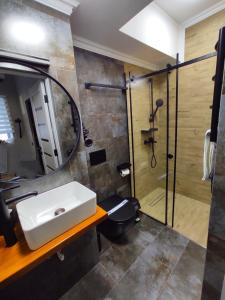 a bathroom with a sink and a shower at Apart Club Tolstogo in Chernivtsi
