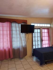 a bedroom with two windows and a flat screen tv at confort apto con balcones in Vega Alta