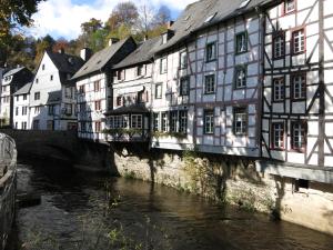 un grupo de edificios junto a un río en una ciudad en Historisches Haus im Herzen von Monschau, en Monschau