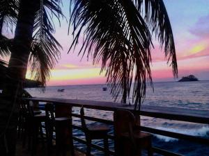 - un coucher de soleil sur la plage avec des chaises et un palmier dans l'établissement Hotel Katamaran, à Capurganá