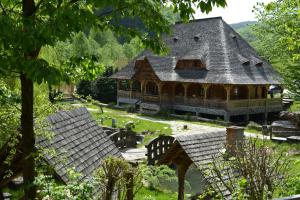 a large wooden house with a large roof at Păstrăvăria Alex in Mara