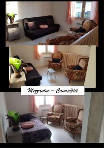 two pictures of a living room with a couch and chairs at Gîte Les Galipes in Mareuil-sur-Ay