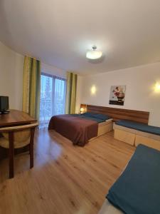 a bedroom with a bed and a table and a desk at Villa Amber in Międzywodzie