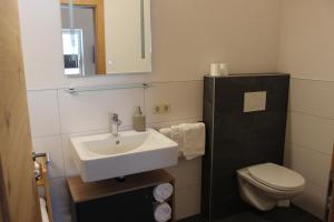 een badkamer met een wastafel, een toilet en een spiegel bij Apart Luibisblick in Sankt Leonhard im Pitztal