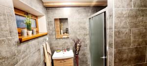un baño con lavabo y ducha en Chata Oddychovka, en Demänovská Dolina 17 fotos más