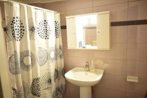 łazienka z umywalką i zasłoną prysznicową w obiekcie Mary's Apt 2bedrooms in Allou Fun Park West Athens by MK w Pireusie