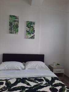 a bedroom with a bed with two pictures on the wall at Apartman San in Bugojno