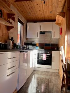 cocina con electrodomésticos blancos y techo de madera en Pine Marten Bar Glenmore Treehouse en Aviemore