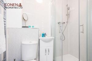 ein Bad mit einer Dusche, einem WC und einem Waschbecken in der Unterkunft CONEN Breccia Apartment in London