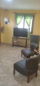 a living room with two chairs and a tv at Cabañas "Las Margaritas" in Ushuaia