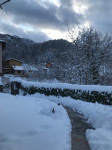 un camino cubierto de nieve junto a una casa en Appartamento La Torre, en Serina