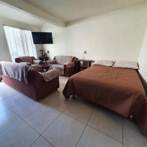 - une chambre avec un lit, deux canapés et un canapé dans l'établissement Linda casa tipo loft, con estacionamiento privado., à Tulancingo