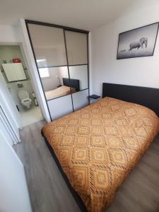 1 dormitorio con 1 cama grande y espejo grande en Appartement St Raphael neuf - Résidence privée avec Piscine & Tennis en Saint-Raphaël