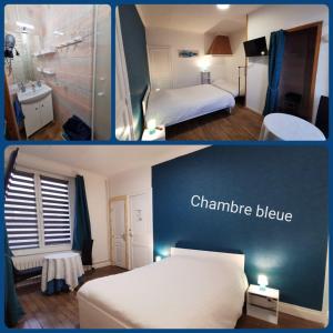 two pictures of a hotel room with a bed and a bathroom at Chambres dhôtes Logette in Consenvoye