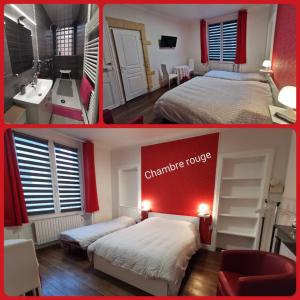 two pictures of a hotel room with two beds and a bathroom at Chambres dhôtes Logette in Consenvoye