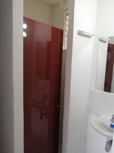 La salle de bains est pourvue d'une porte rouge et d'un lavabo. dans l'établissement Hermoso apartamento con piscina., à Flandes