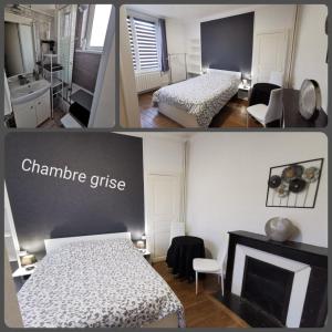 two pictures of a bedroom with a bed and a fireplace at Chambres dhôtes Logette in Consenvoye