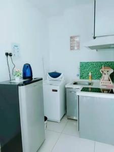 ジョージタウンにあるMansion One Comfy Homestayの白い家電製品と緑のタイルを使用したキッチン +8枚の写真