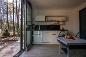 a kitchen with white appliances and a large window at Odpoczynek Domki Pod Dębem z Opcją Jacuzzi in Ćmińsk
