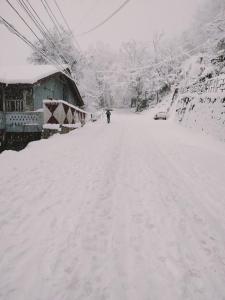 una persona está caminando por una calle cubierta de nieve en Hill View Regency BEST BUDGET HOTEL NEAR MALL ROAD, en Shimla