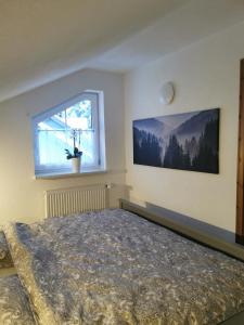 Schlafzimmer mit einem Bett und einem Fenster in der Unterkunft Ferienwohnung "Am Wald" in Schmiedefeld am Rennsteig
