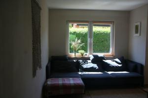a living room with a couch in front of a window at Domek w Poddąbiu blisko plaży i lasu in Poddąbie