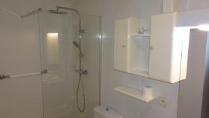 biała łazienka z prysznicem i toaletą w obiekcie Piso grande en el centro de Jaca con WIFI y garaje w mieście Jaca
