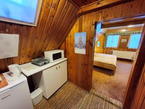 a small room with a kitchen and a bedroom at Penzion Pod můstky in Harrachov