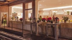 een bloemenwinkel met drie tafels met potplanten bij Hotel Morgana in Mendrisio