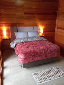 1 dormitorio con 1 cama roja y 2 lámparas en Cabana Do Lago com vista para Lago São Bernardo, en São Francisco de Paula