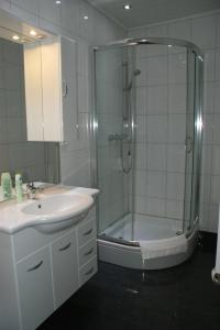 een badkamer met een douche, een wastafel en een bad bij Hotel Rühen, 24 Stunden Check in, kostenfreie Parkplätze in Rühen