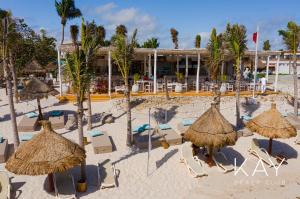 艾庫瑪爾的住宿－Lovely 1 Bedroom Condo with plunge pool In Bahia Principe Golf Resort，海滩上带椅子和遮阳伞的度假村