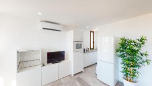 een keuken met witte kasten en een potplant bij Las Palmeras - Best Location Cozy Apartment in Fuengirola