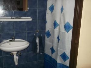 a bathroom with a sink and a shower curtain at Bekecs Vendégház in Nagyvisnyó