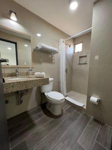 a bathroom with a toilet and a sink and a shower at Neo Business Hotel in Culiac&aacute;n