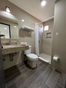 La salle de bains est pourvue de toilettes, d'un lavabo et d'une douche. dans l'établissement Neo Business Hotel, à Culiacán