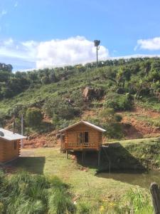 a wooden cabin on a hill with a tree at Cabana da Colina 2 in Bom Jardim da Serra