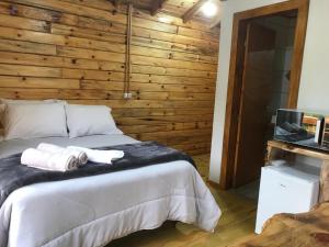 een slaapkamer met een bed met een houten muur bij Cabana da Colina 2 in Bom Jardim da Serra