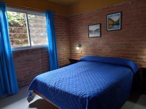 Un dormitorio con una cama azul y una pared de ladrillo en Departamentos Las Marias, en Villa Cura Brochero 72 fotos más