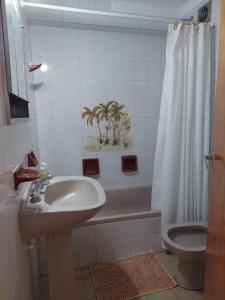 a bathroom with a sink and a toilet and a shower at Depto. Chauvin in Mar del Plata
