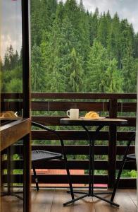 a table and chairs on a balcony with a view of trees at Na Gorbi in Slavske