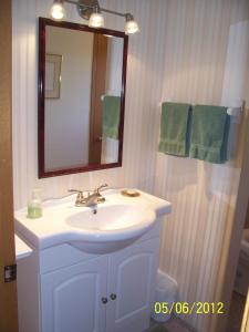 y baño con lavabo, espejo y toallas verdes. en Burken B&B en Brighton