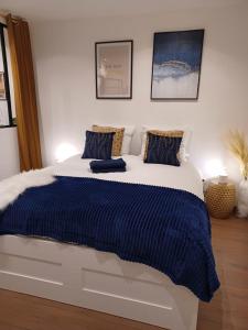 Schlafzimmer mit einem großen Bett mit blauer und weißer Bettwäsche in der Unterkunft Le petit Dubaï in Douai