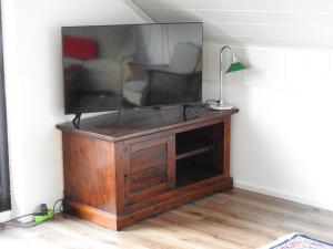 a television on a wooden stand in a room at Ferienwohnung Narziss in Bad Kissingen