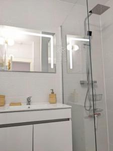 un bagno con lavandino e doccia con specchio di Séjour cocooning pour se ressourcer à la montagne. ad Aulus-les-Bains