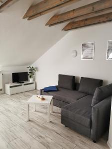 a living room with a couch and a table at Ferienwohnung "Am Wald" in Schmiedefeld am Rennsteig