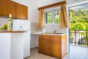 a kitchen with a sink and a refrigerator and a window at Stefanos Studios in Lourdhata