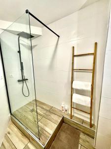 een douche met een glazen deur in de badkamer bij Nouveauté - L'Oasis - T3 - 70 M2 - Jacuzzi in Saint-Denis